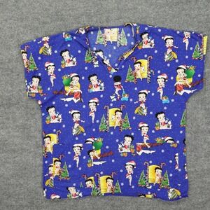 Betty Boop Shirt Womens Large Blue Christmas Holiday V-Neck Scrub Top Nursing